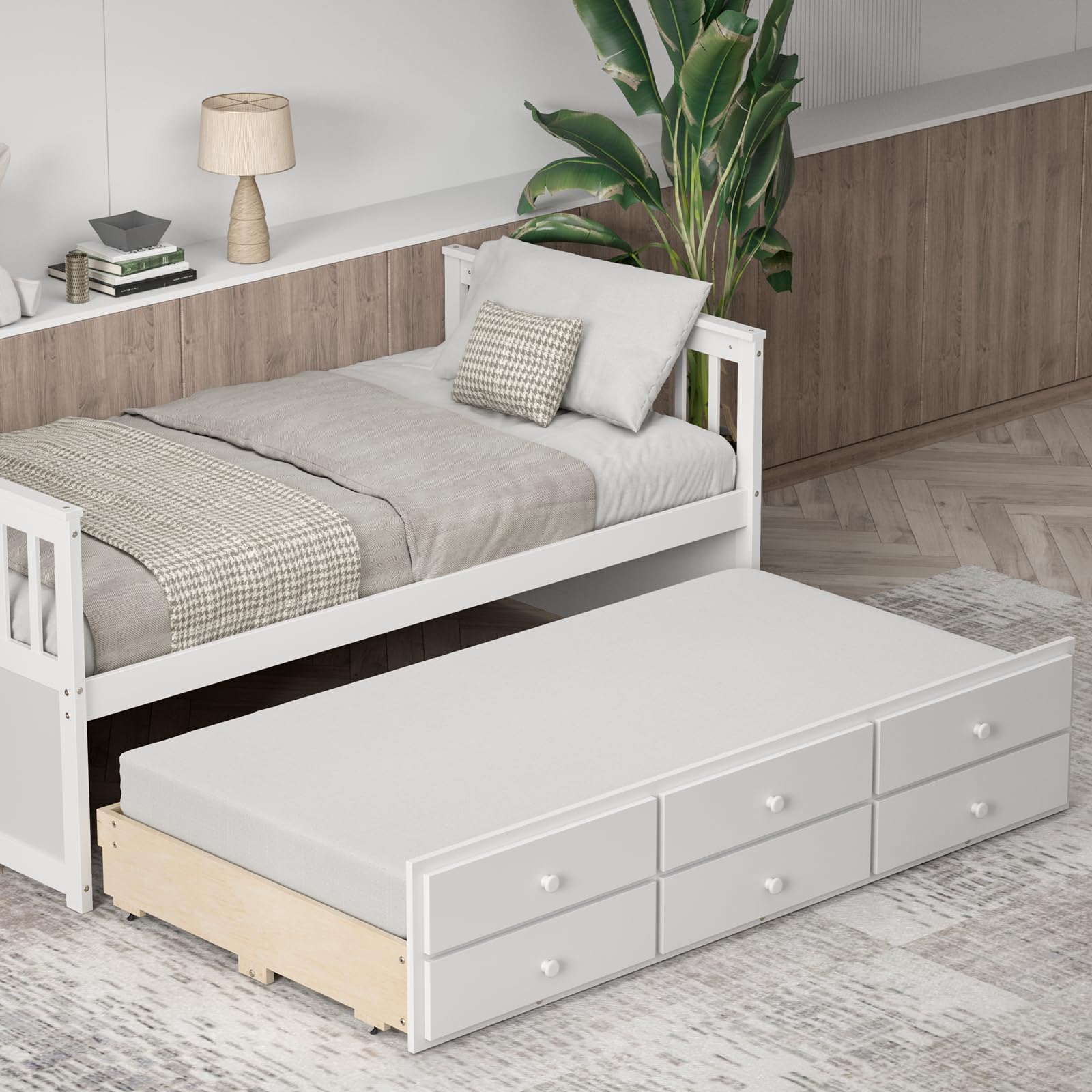 KOMFOTT Wood Twin Trundle Bed with Storage Drawers, Daybed with Trundle, No Box Spring Needed Daybed Frame, Twin Size Captain’s Bed