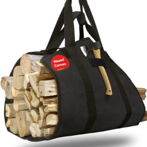 cupohus extra large 2in1 firewood carrier waxed canvas bag 44”x23”, heavy duty log holder tote bag with handles and shoulder strap for indoor fireplace wood stove accessories, outdoor camping (black)