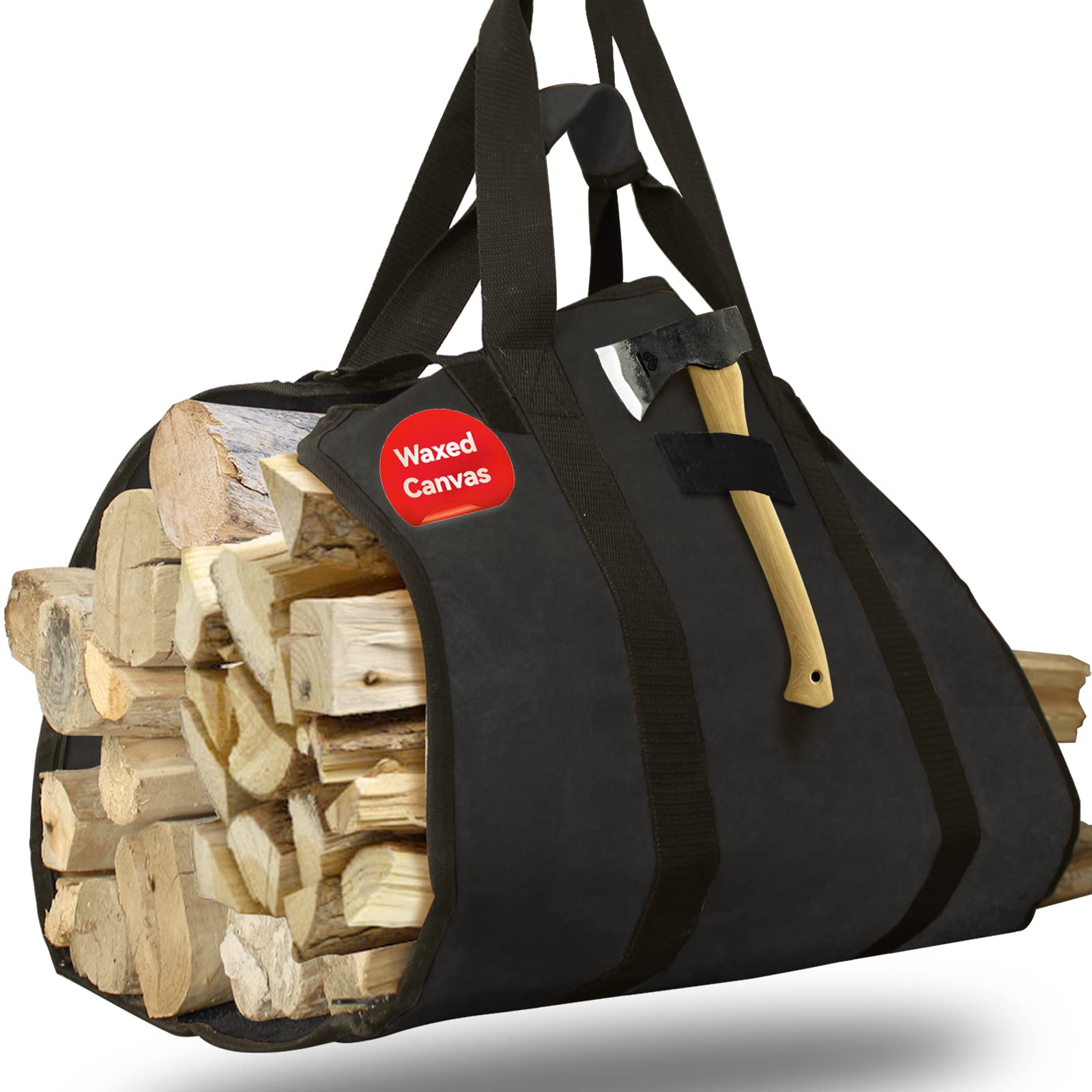 Cupohus Extra Large 2in1 Firewood Carrier Waxed Canvas Bag 44”x23”, Heavy Duty Log Holder Tote Bag with Handles and Shoulder Strap for Indoor Fireplace Wood Stove Accessories, Outdoor Camping (Black)