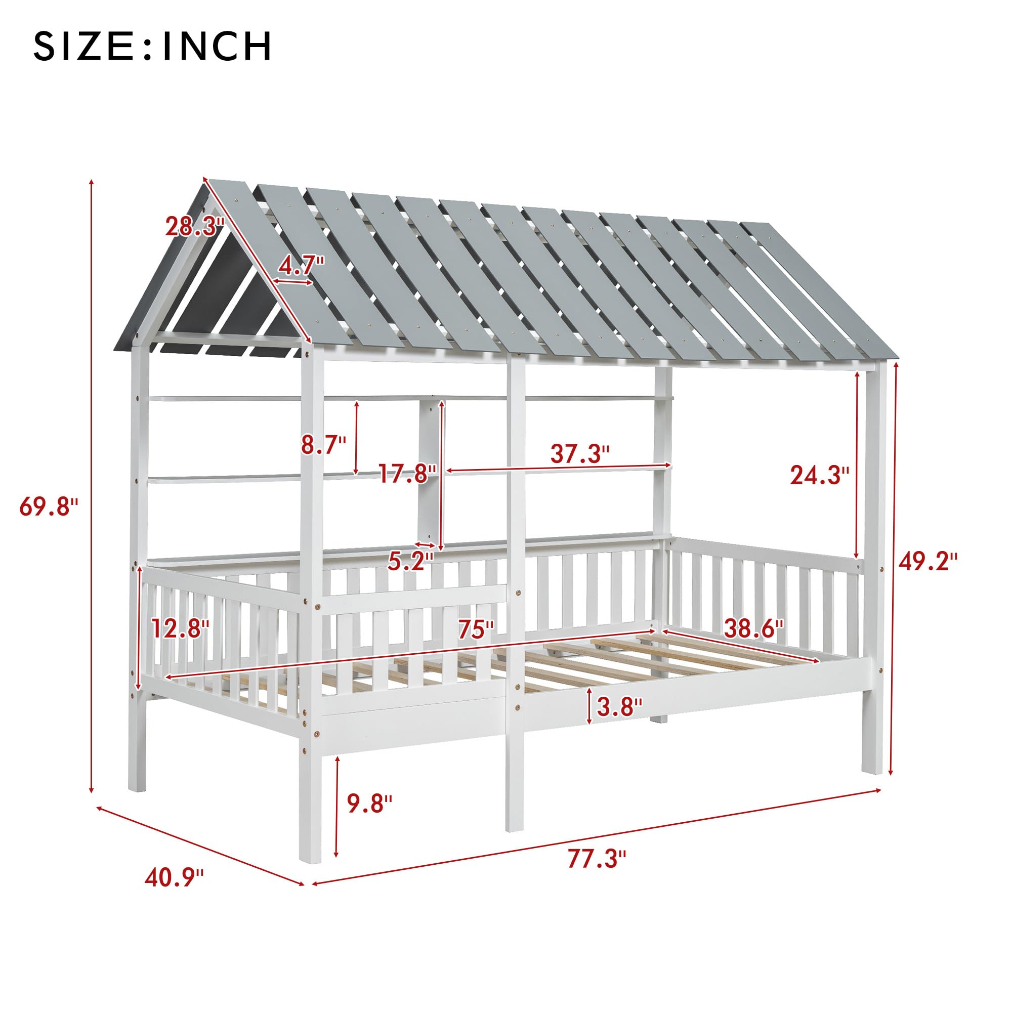 Harper & Bright Designs House Bed Twin Size with Fence Guardrails, Montessori Bed Frame with Storage Shelves, Wood Playhouse Beds for Kids Girls Boys, White