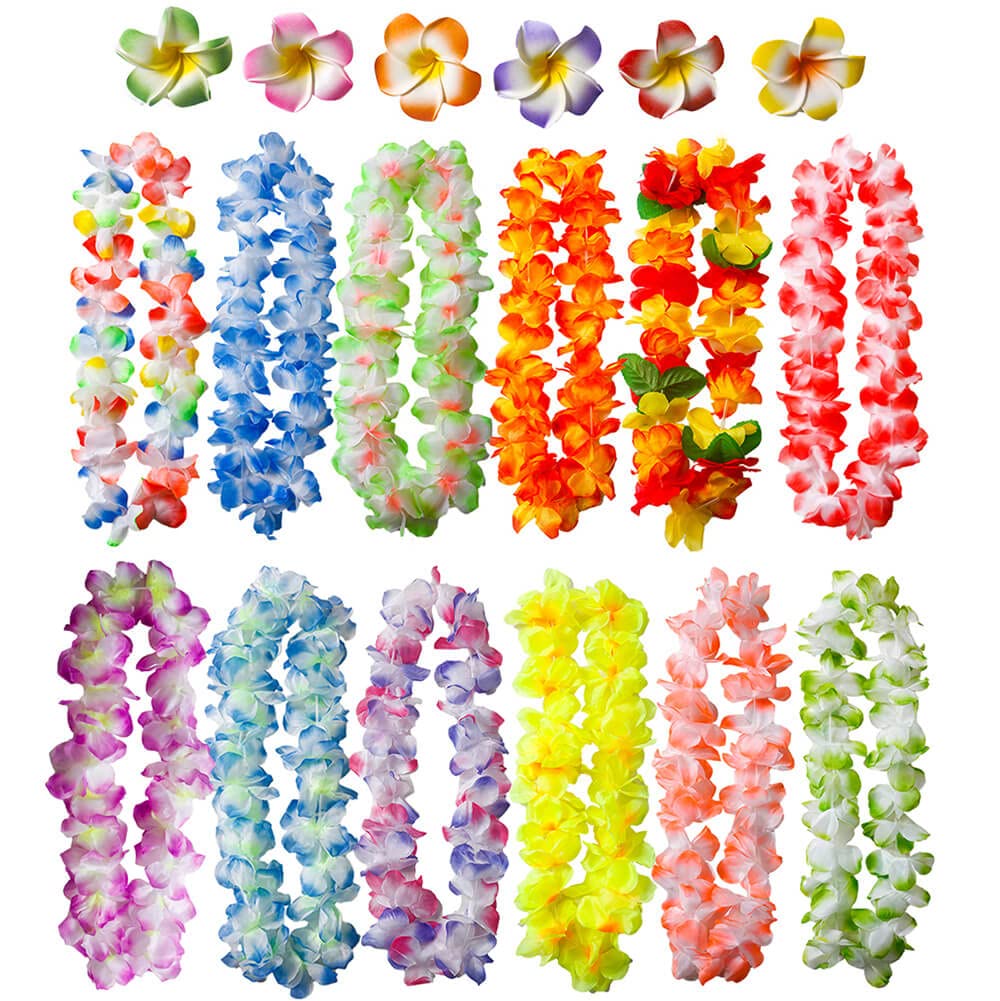 50 PCS Soft Hawaiian Leis Luau Party Decorations Tropical Favors Lei Flower Hair Clip,Headbands and Wristbands Perfect for Your Hawaii Luaus Party.