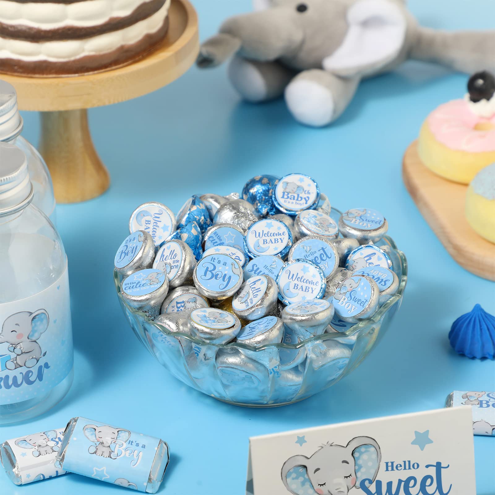 504 Pieces Baby Elephant Stickers Elephant Candy Stickers Labels Elephant Kisses Sticker Chocolate Mini Decorations for Sweet Girl Boy Baby Shower Birthday Party Supplies (Blue)