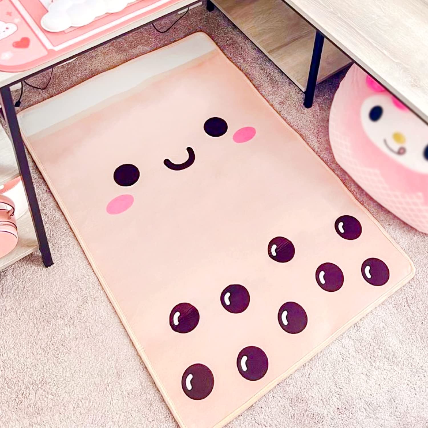 Glopastel Boba Anime Rug | Rectangular Kids Girls Women Home Bedroom Area Carpet | Machine Washable Cute Bubble Tea Japanese Cartoon Room Decor (Beige, 28"x42")