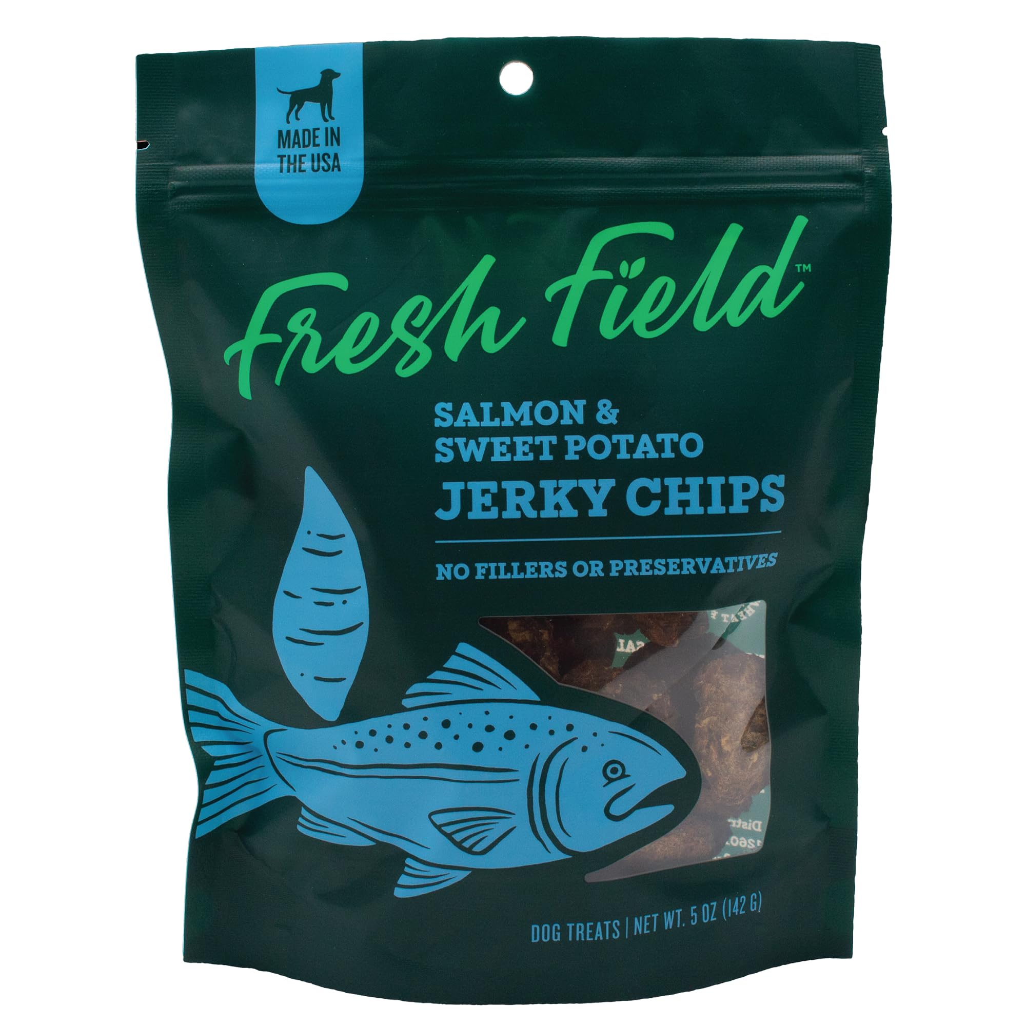 Fresh Field Salmon & Sweet Potato Jerky Chips, 5 oz – All-Natural Dog Treats, USA Made, No Fillers, Omega-3 Rich