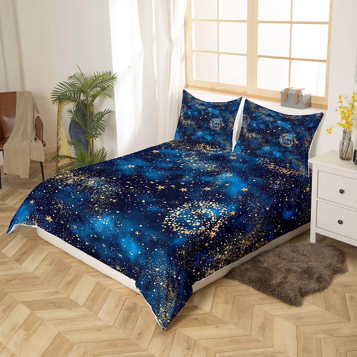 Castle Fairy Blue Galaxy Duvet Cover King Size, Golden Stars Spiral Planets Print Nebula Universe Theme Comforter Cover for Girls Teens Gift, Outer Space Mysterious Style Duvet Set with 2 Pillowcases