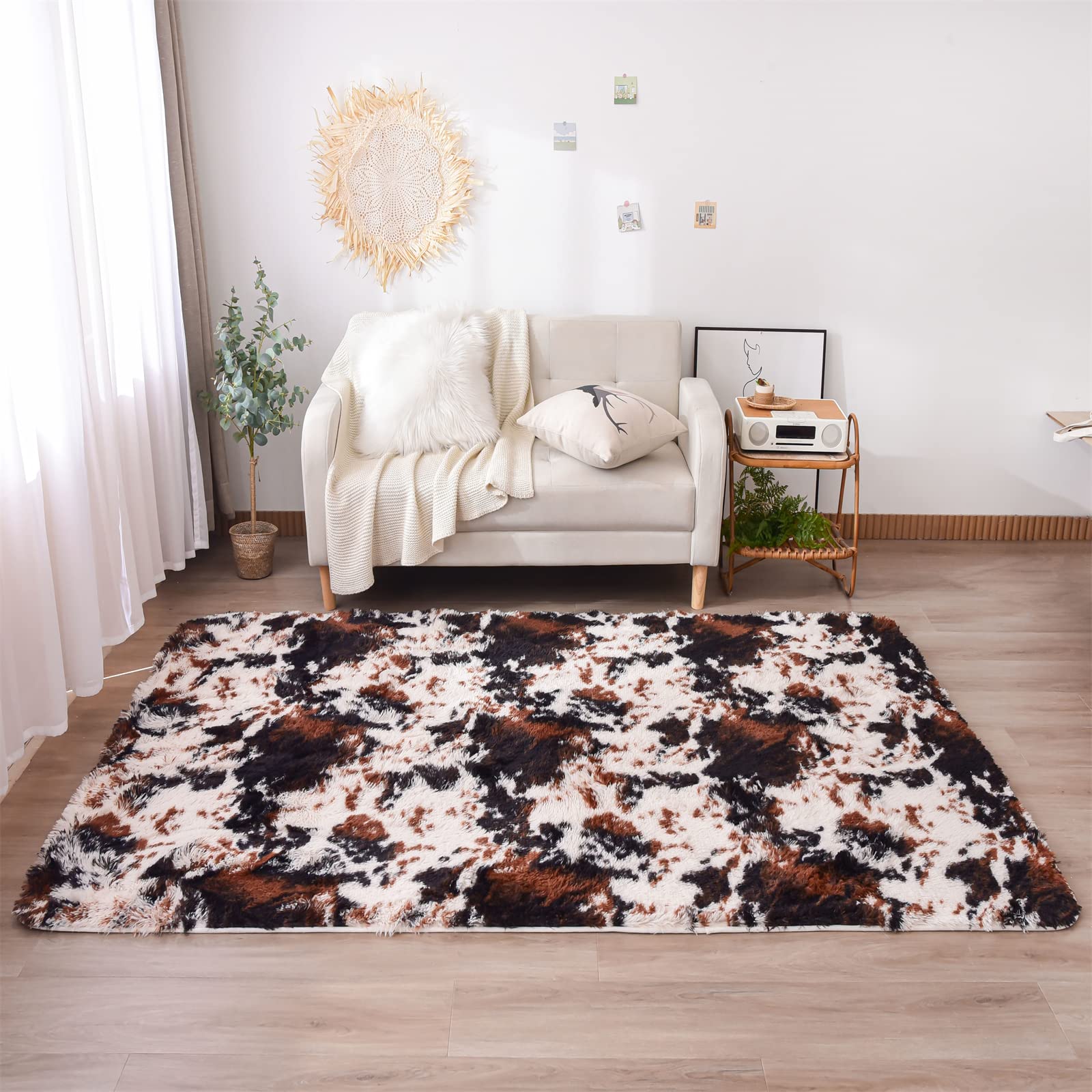 Meeting Story Cow Print Rug Faux Cowhide Rugs Cute Animal Print Carpet Fluffy Shaggy Tie Dye Fuzzy Area Rugs for Living Room Nursery Kids Floor Mat Thick Plush Non-Skid (Coffee-Black, 3 * 5 Feet)