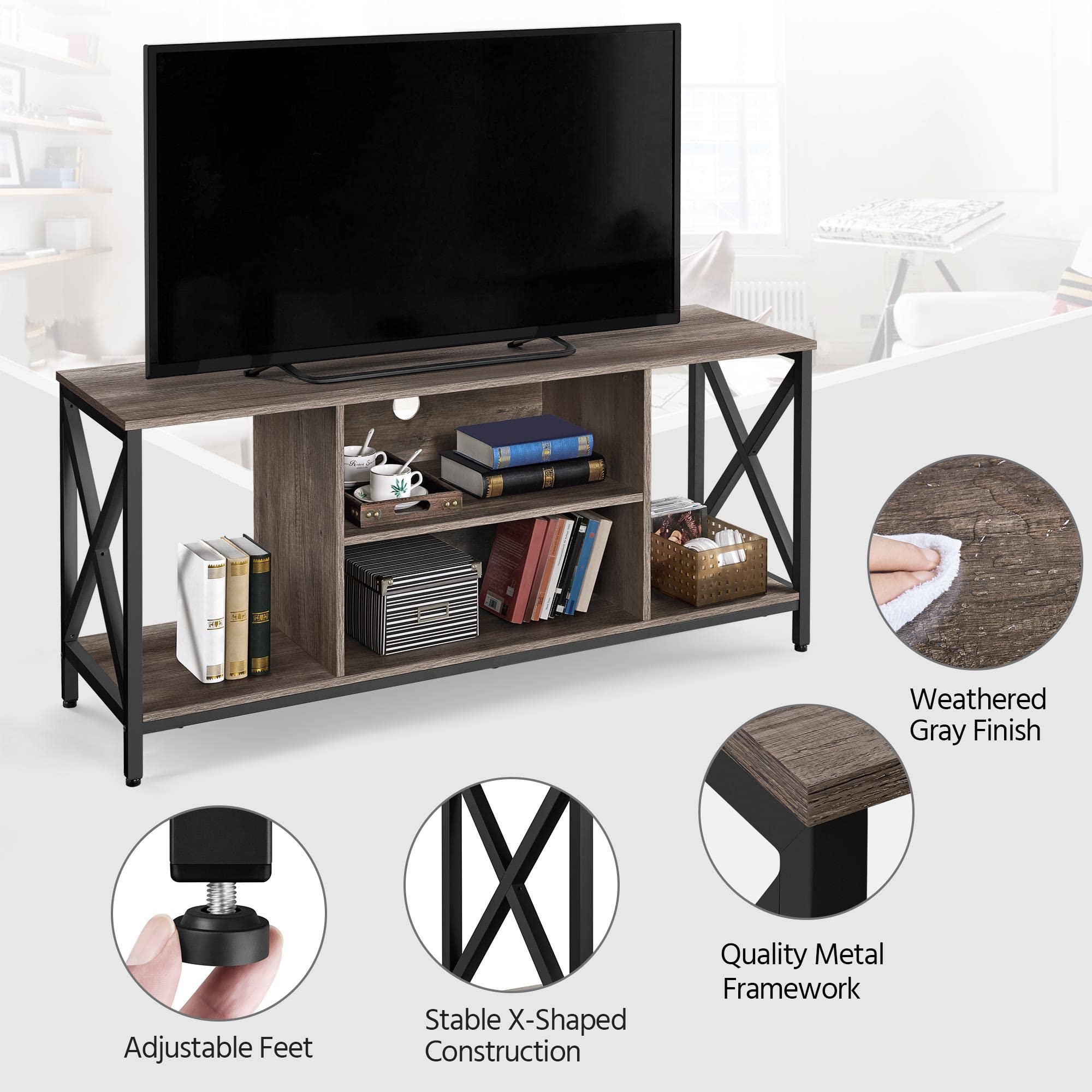 Yaheetech TV Stand for 65 Inch TV, 55'' Wide Entertainment Center TV Console with Open Storage Shelves for Living Room, TV Table for Home with Metal Support, Taupe Wood