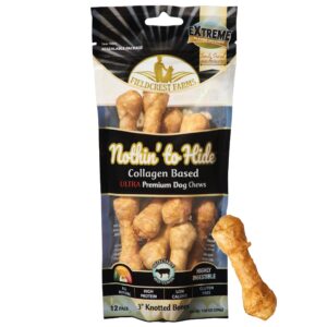 fieldcrest farms nothin' to hide 3 inch ultra knotted bone treats - natural rawhide alternative treats for dogs, collagen based snack for heavy chewers up to 15lbs - beef flavor, 12 pack