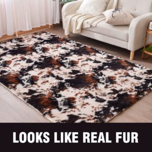 Meeting Story Cow Print Rug Faux Cowhide Rugs Cute Animal Print Carpet Fluffy Shaggy Tie Dye Fuzzy Area Rugs for Living Room Nursery Kids Floor Mat Thick Plush Non-Skid (Coffee-Black, 3 * 5 Feet)