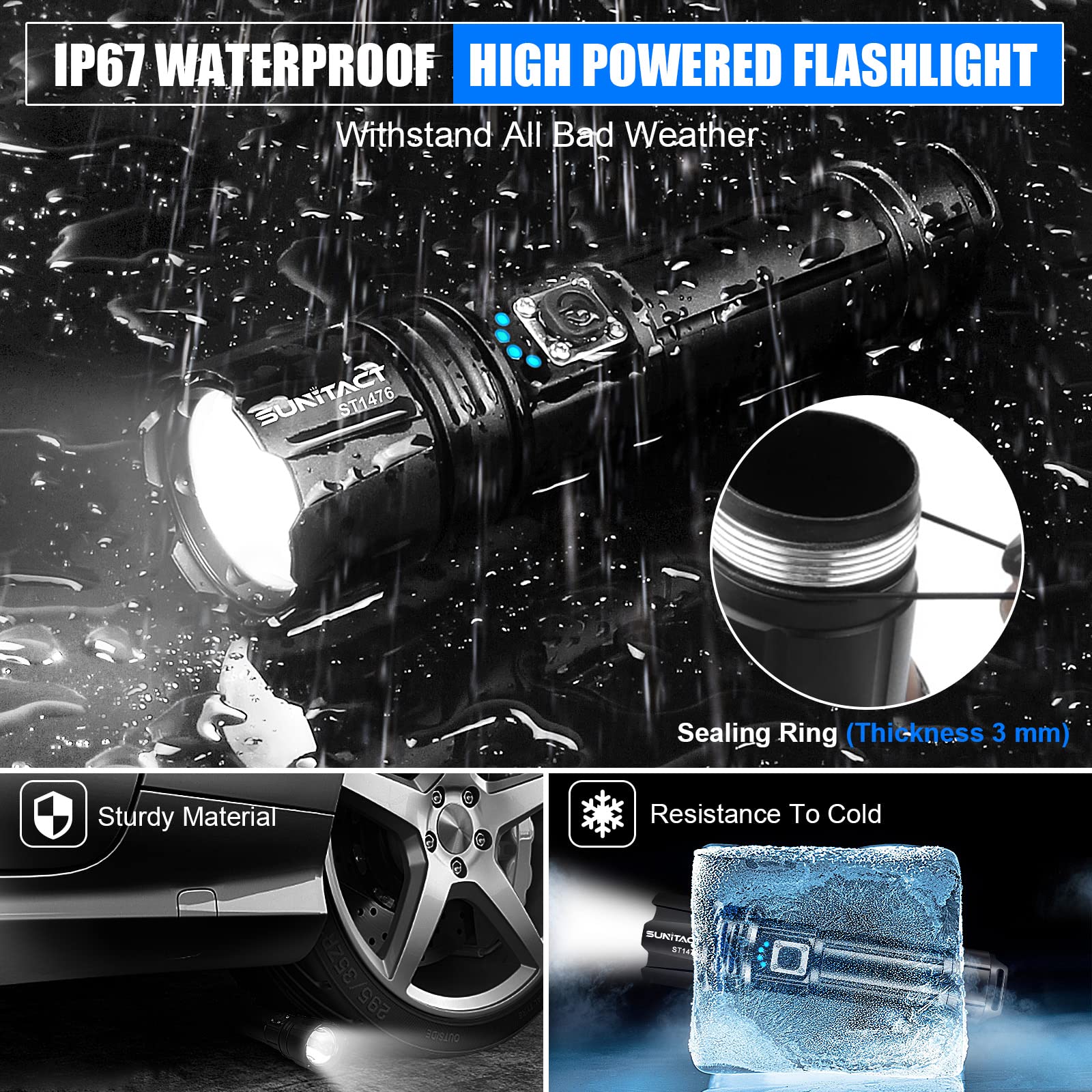 Sunitact Flashlights High Lumens, Rechargeable Led 200000 Lumen XHP70.2, Super Bright High Powered Handheld Flashlights for Emergency Camping Gift, IP67 Waterproof, Adjustable