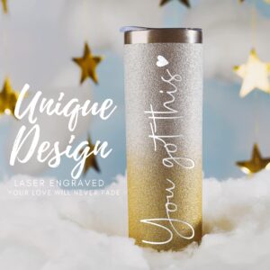 Onebttl Inspirational Gifts for Women, You Got This, Motivational Encouragement Job Promotion Congratulations Gifts for Women, Friends, New Mom, Coworkers, 20Oz Skinny Tumbler， Glitter Gold & Silver