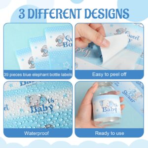 39 Elephant Baby Shower Water Bottle Labels Waterproof Water Bottle Wrappers Water Bottle Stickers Baby Shower Bottle Wraps Decorations for Baby Shower Birthday Party Water Labels Supplies (Blue)