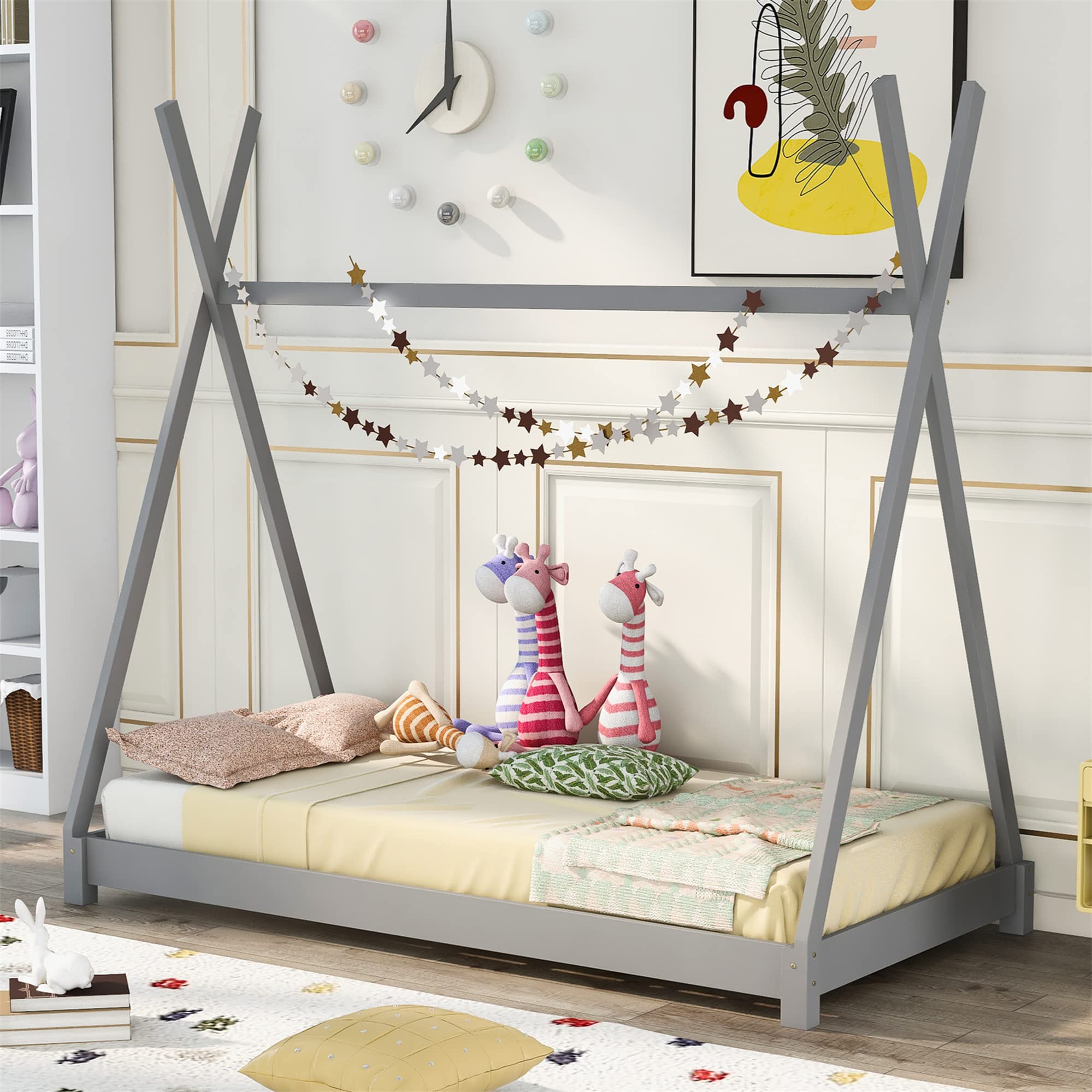 Harper & Bright Designs House Bed Twin for Kids, Toddler House Bed with Triangle Structure,Wood Floor Bed Frame for Girls Boys Bedroom Furniture, No Box Spring Needed,Grey