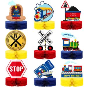 9 pcs railroad train crossing theme honeycomb centerpieces party decorations railway train centerpiece decoration birthday railroad crossing sign table topper kids' party centerpieces photo booth prop