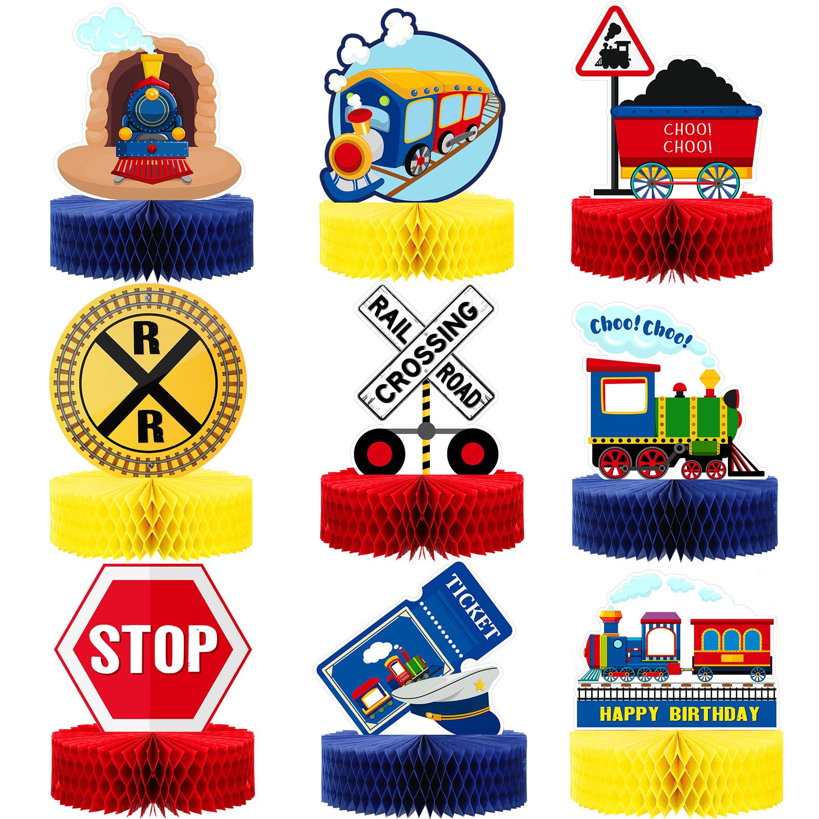 9 Pcs Railroad Train Crossing Theme Honeycomb Centerpieces Party Decorations Railway Train Centerpiece Decoration Birthday Railroad Crossing Sign Table Topper Kids' Party Centerpieces Photo Booth Prop