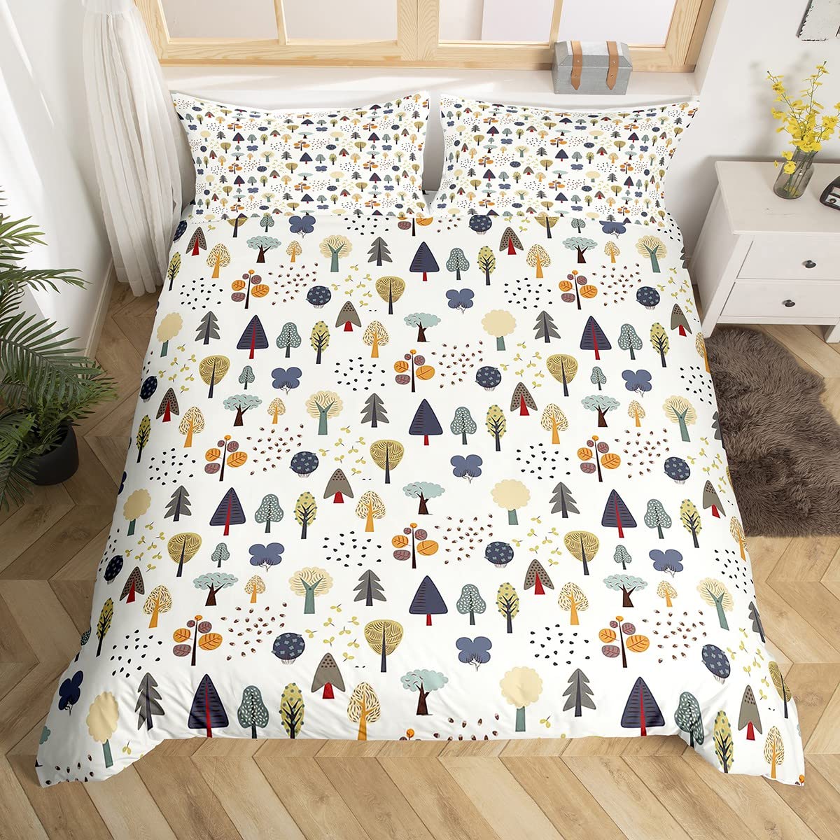 Woodland Nature Duvet Cover Twin,Cartoon Trees Print Comforter Cover for Kids Boys Girls Cabin Farmhorse Bedroom Decor Landscape Bedding Set Cute Tree Mushroom Flower Bedspread Cover Zipper Closure