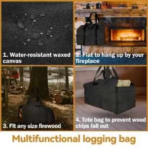 Cupohus Extra Large 2in1 Firewood Carrier Waxed Canvas Bag 44”x23”, Heavy Duty Log Holder Tote Bag with Handles and Shoulder Strap for Indoor Fireplace Wood Stove Accessories, Outdoor Camping (Black)