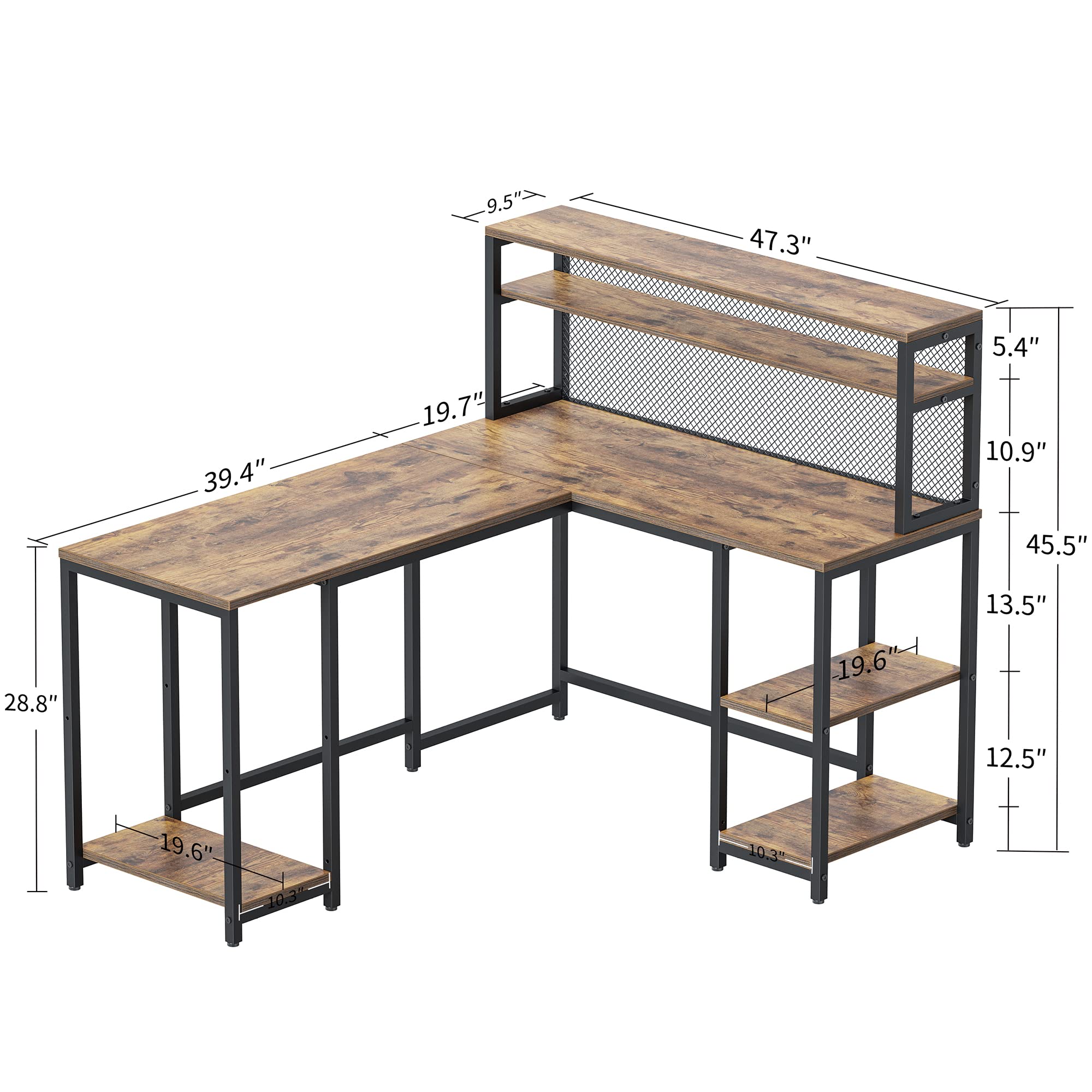 CubiCubi L Shaped Computer Desk with Hutch & Iron Mesh, 59 inch Large Home Office Desk with Storage Shelves, Study Table Writing Desk Workstation, Brown