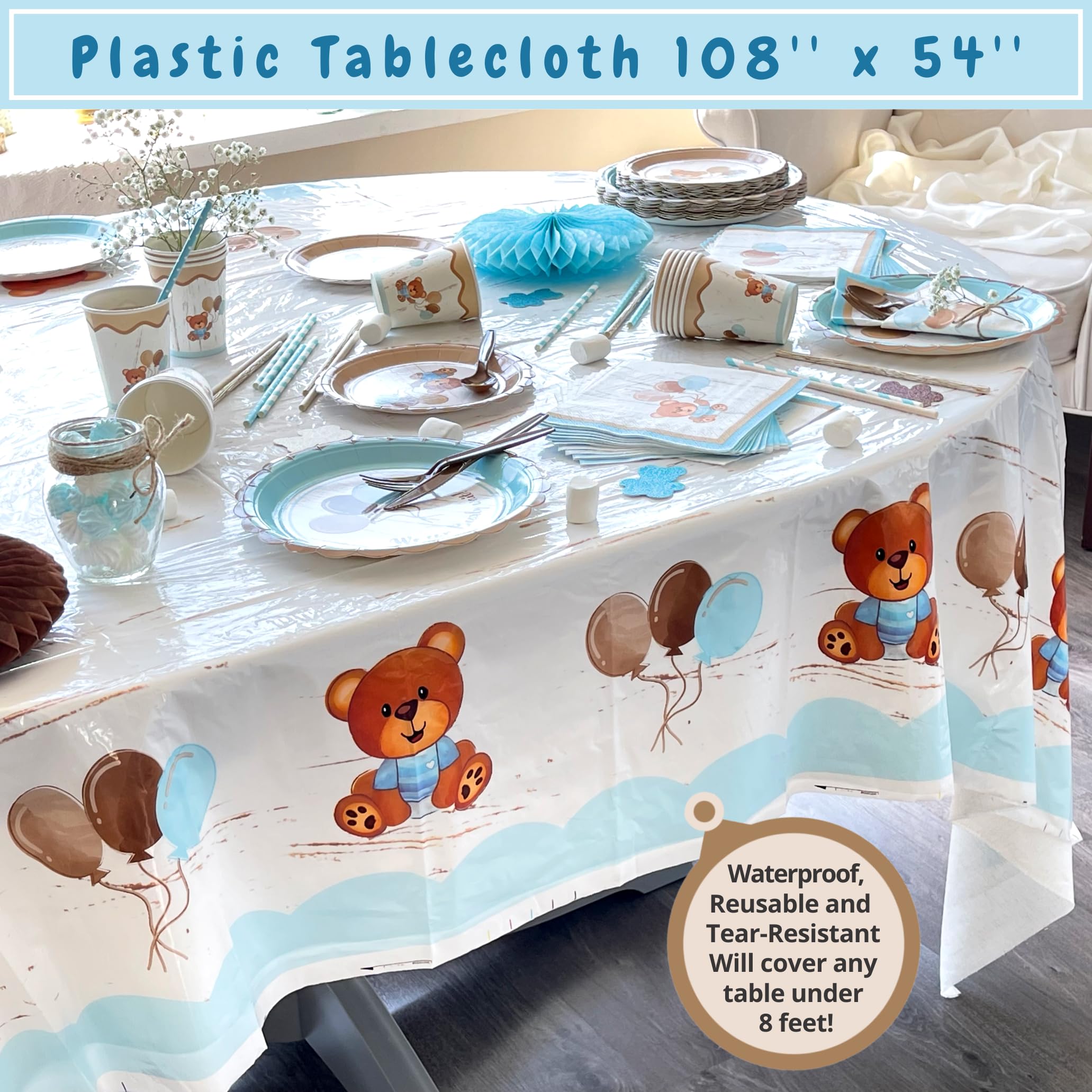 193 Pc Teddy Bear Baby Shower Decorations Tableware - We Can Bearly Wait Teddy Bear Plates, Cups, Napkins, Tablecloth, Straws, Cutlery - Serves 24