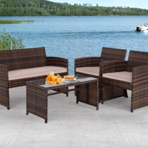 Patio Furniture Set Outdoor Furniture Wicker Conversation Set Rattan Outdoor Chairs Loveseats with Cushion Glass Table for Outdoor Indoor Use Poolside Lawn Porch Balcony Garden (Brown and Khaki)