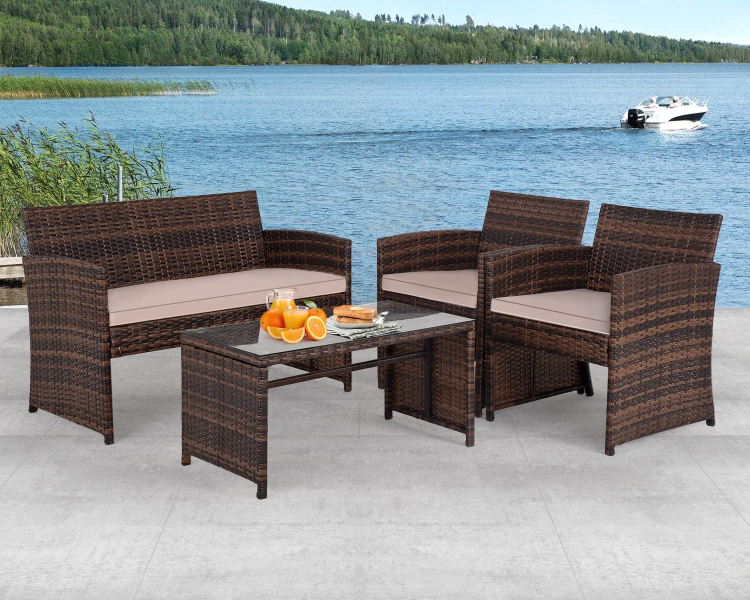 Patio Furniture Set Outdoor Furniture Wicker Conversation Set Rattan Outdoor Chairs Loveseats with Cushion Glass Table for Outdoor Indoor Use Poolside Lawn Porch Balcony Garden (Brown and Khaki)