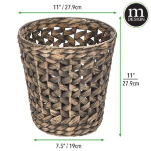 mDesign Water Hyacinth Waste Basket Boho Woven Trash Can - Small Round Natural Wastebasket Garbage Bin for Bathroom Essentials - Woven Zig Zag Pattern - Black Wash