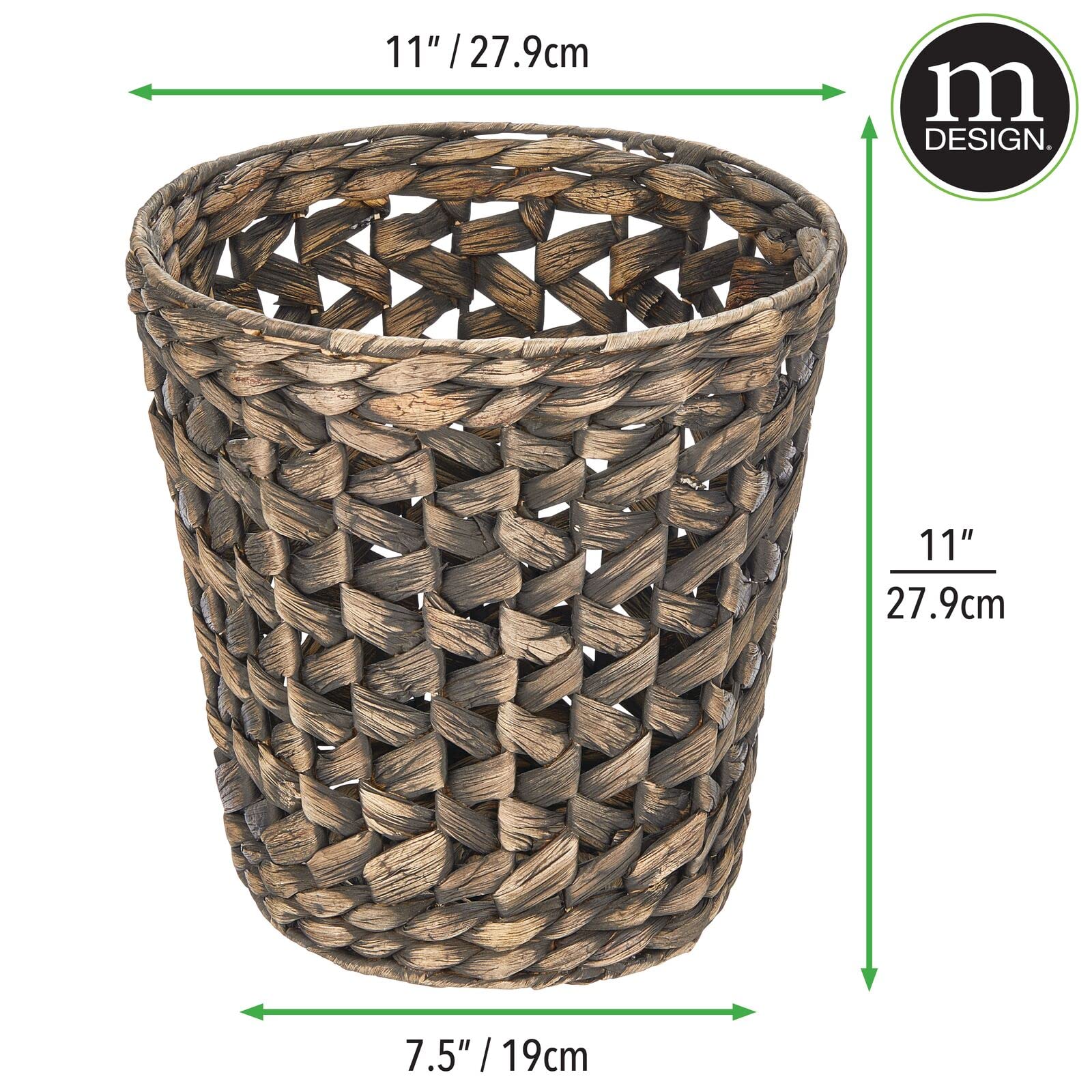 mDesign Water Hyacinth Waste Basket Boho Woven Trash Can - Small Round Natural Wastebasket Garbage Bin for Bathroom Essentials - Woven Zig Zag Pattern - Black Wash