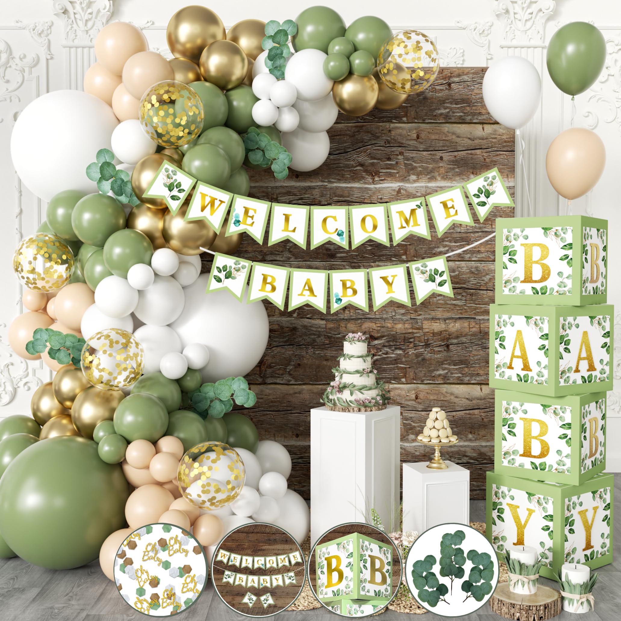 258 PC Sage Green Baby Shower Decorations, Gender Neutral Mint Balloons Garland and BABY Boxes, Welcome Baby Banner, Olive Green Baby Shower Decorations for Boy and Girl, Woodland Safari Jungle