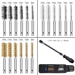 Auto Wire Brush 18-Pack Bore Brush Set Variety of Size Stainless Steel, Brass, Nylon Twisted for Cleaning Rust, 1/4in Hex Drill Shank for Power Drill Impact Driver with Handle, Extension Bar, Tool Bag