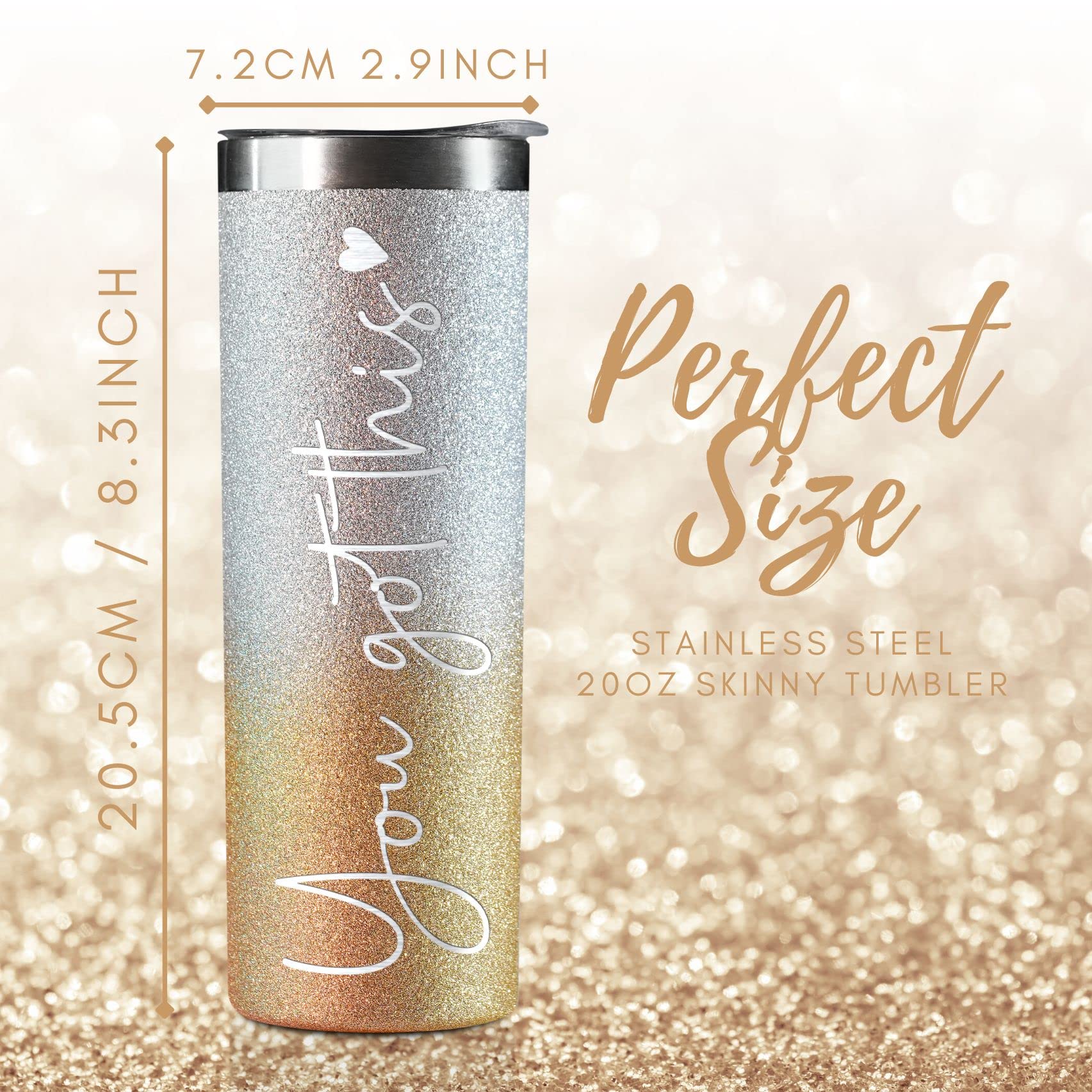 Onebttl Inspirational Gifts for Women, You Got This, Motivational Encouragement Job Promotion Congratulations Gifts for Women, Friends, New Mom, Coworkers, 20Oz Skinny Tumbler， Glitter Gold & Silver