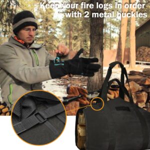 Cupohus Extra Large 2in1 Firewood Carrier Waxed Canvas Bag 44”x23”, Heavy Duty Log Holder Tote Bag with Handles and Shoulder Strap for Indoor Fireplace Wood Stove Accessories, Outdoor Camping (Black)