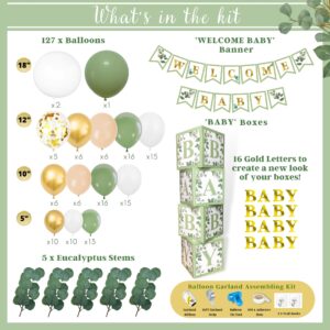 258 PC Sage Green Baby Shower Decorations, Gender Neutral Mint Balloons Garland and BABY Boxes, Welcome Baby Banner, Olive Green Baby Shower Decorations for Boy and Girl, Woodland Safari Jungle