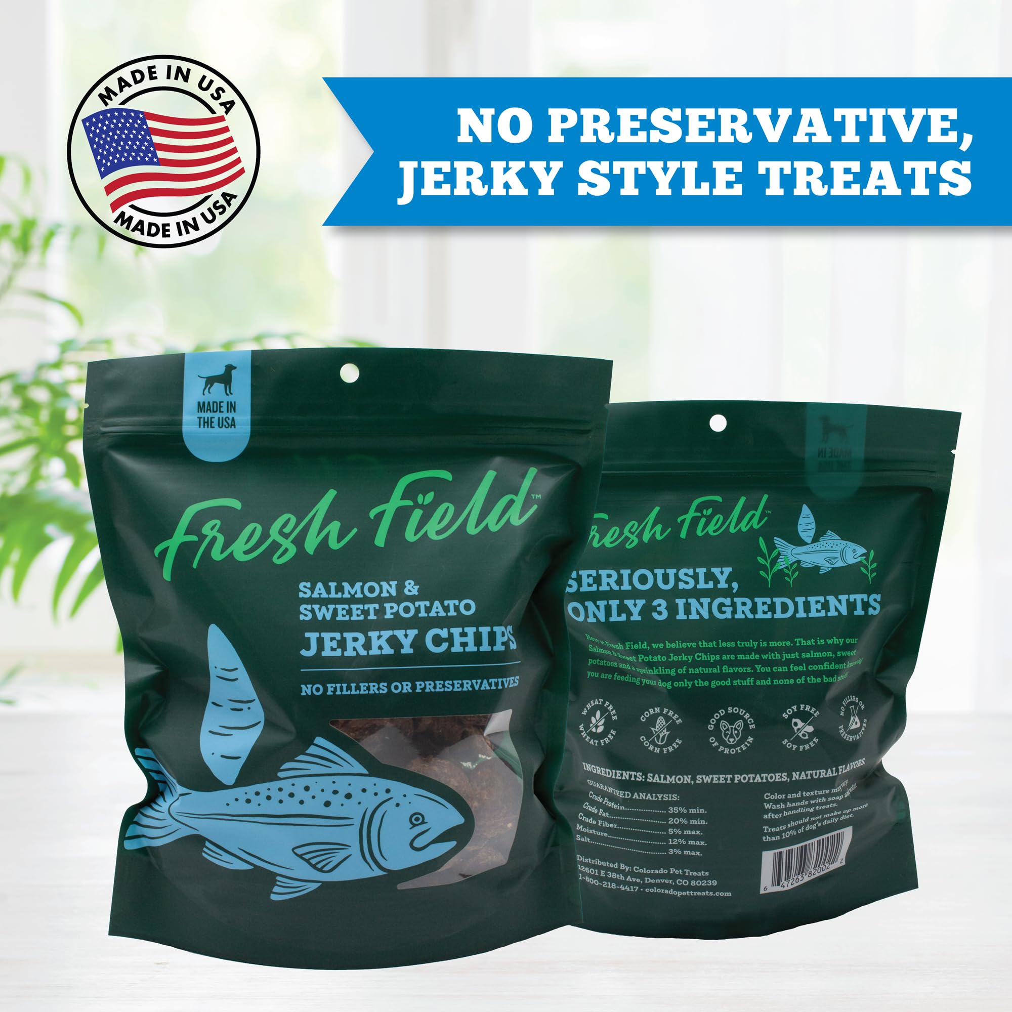 Fresh Field Salmon & Sweet Potato Jerky Chips, 5 oz – All-Natural Dog Treats, USA Made, No Fillers, Omega-3 Rich