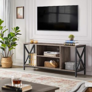 Yaheetech TV Stand for 65 Inch TV, 55'' Wide Entertainment Center TV Console with Open Storage Shelves for Living Room, TV Table for Home with Metal Support, Taupe Wood