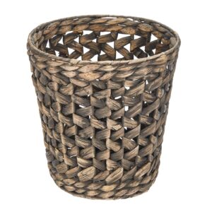 mDesign Water Hyacinth Waste Basket Boho Woven Trash Can - Small Round Natural Wastebasket Garbage Bin for Bathroom Essentials - Woven Zig Zag Pattern - Black Wash