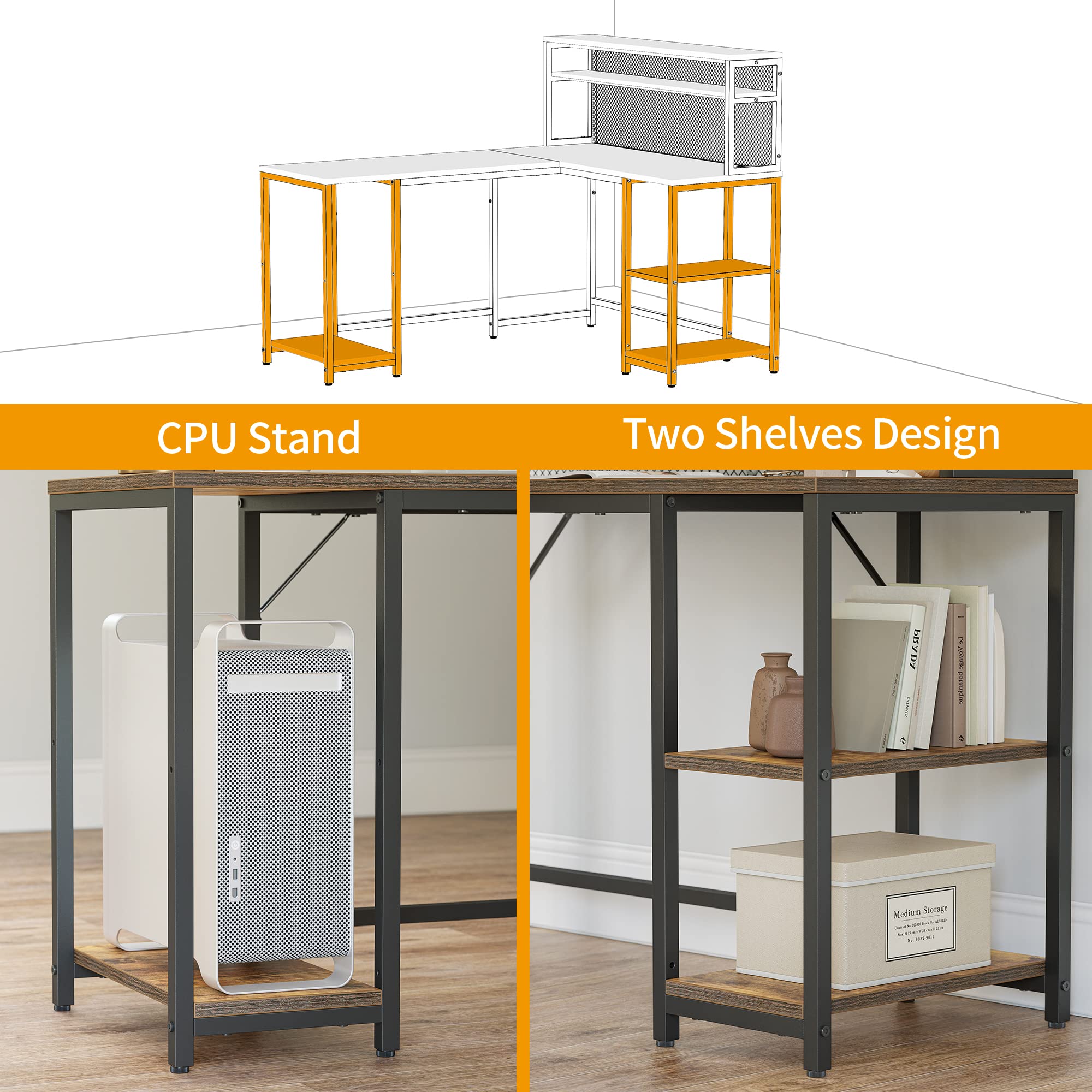 CubiCubi L Shaped Computer Desk with Hutch & Iron Mesh, 59 inch Large Home Office Desk with Storage Shelves, Study Table Writing Desk Workstation, Brown