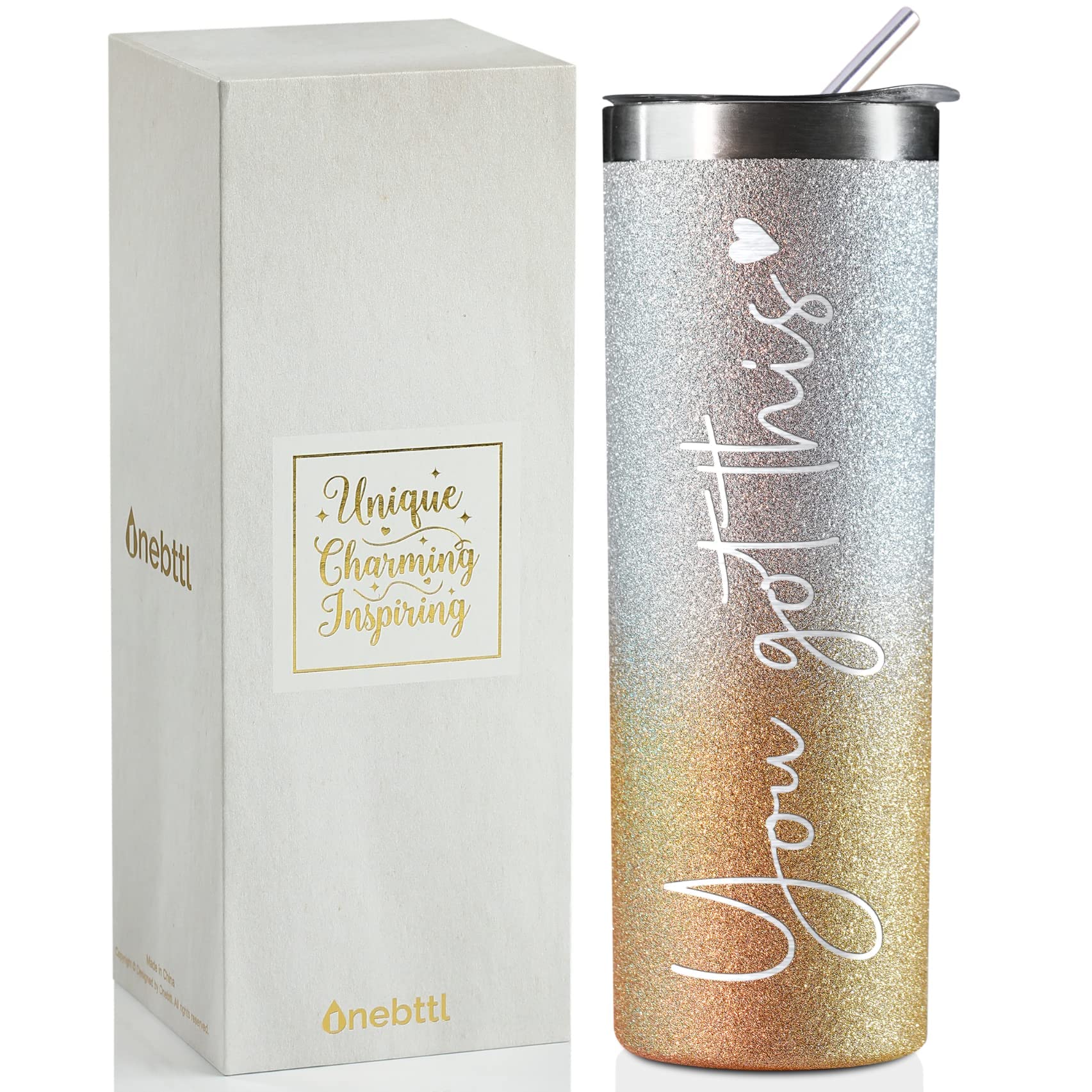 Onebttl Inspirational Gifts for Women, You Got This, Motivational Encouragement Job Promotion Congratulations Gifts for Women, Friends, New Mom, Coworkers, 20Oz Skinny Tumbler， Glitter Gold & Silver