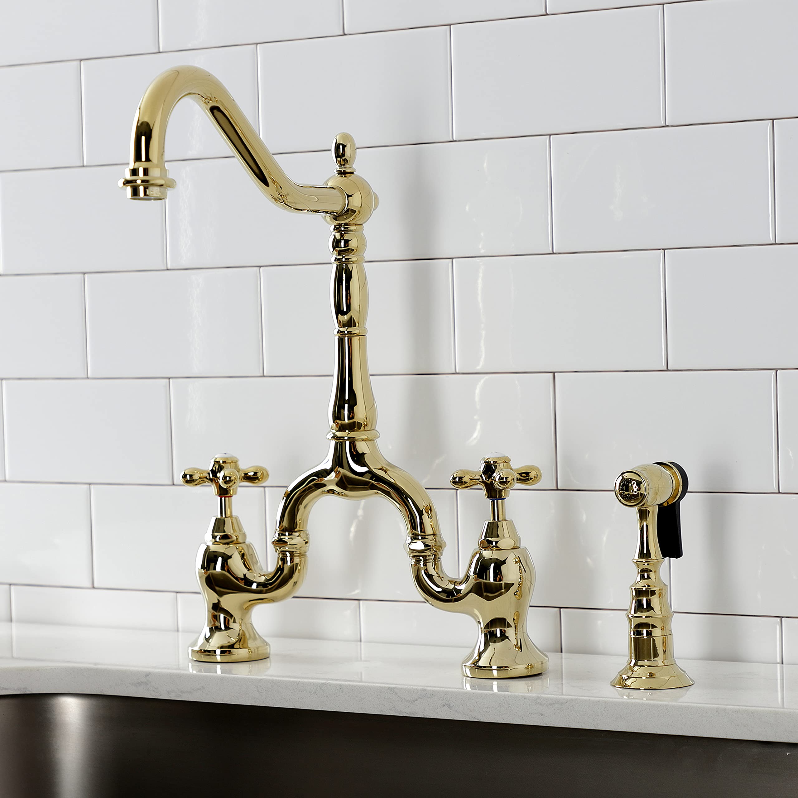 Kingston Brass KS7752AXBS English Country Bridge Kitchen Faucet, Polished Brass