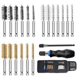 auto wire brush 18-pack bore brush set variety of size stainless steel, brass, nylon twisted for cleaning rust, 1/4in hex drill shank for power drill impact driver with handle, extension bar, tool bag