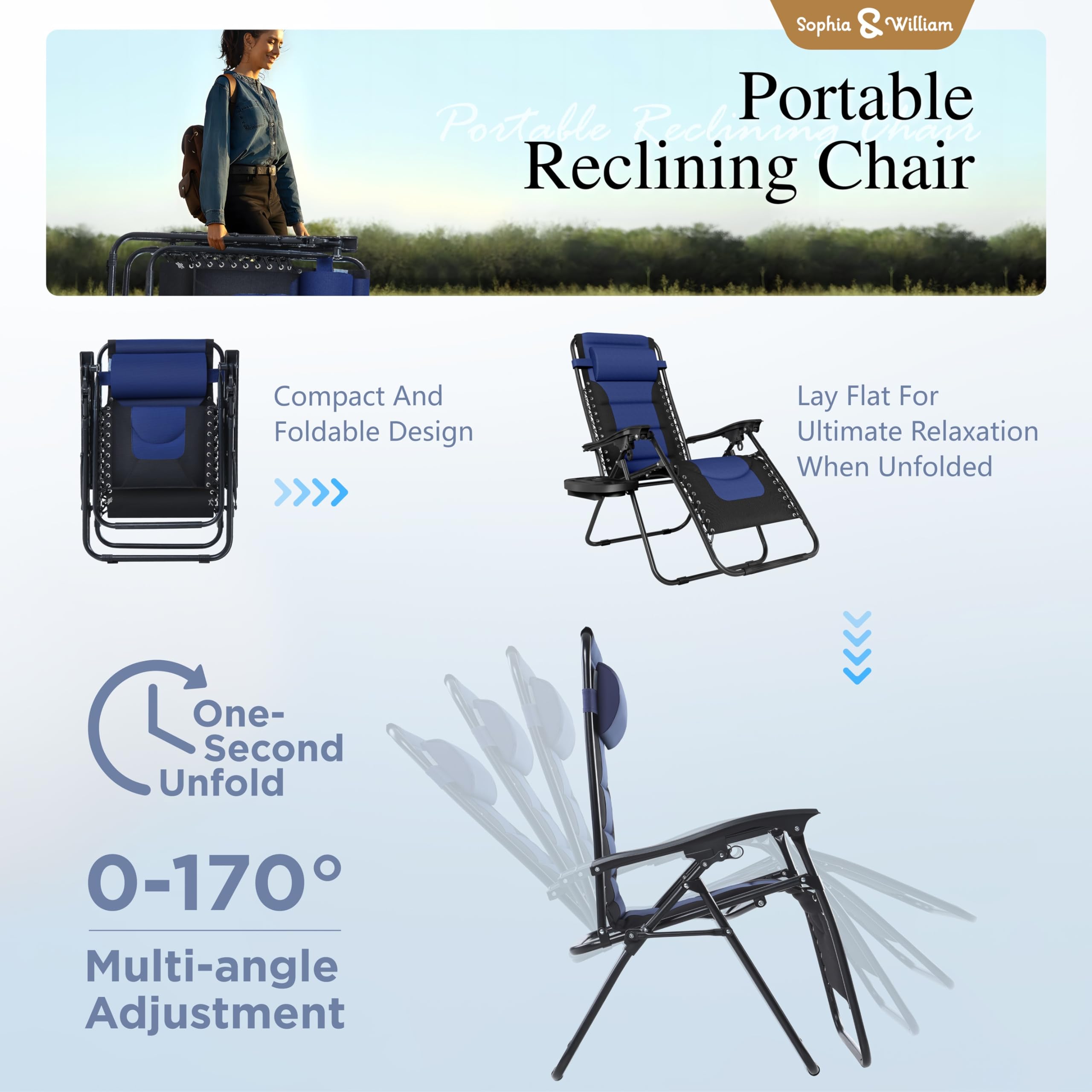 Sophia & Willliam Zero Gravity Chair Padded, Reclining Folding Chair with Free Cup Holder (Blue)