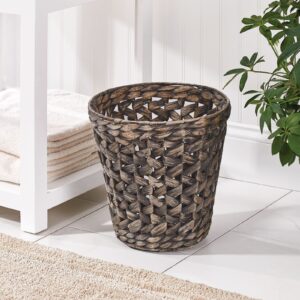 mDesign Water Hyacinth Waste Basket Boho Woven Trash Can - Small Round Natural Wastebasket Garbage Bin for Bathroom Essentials - Woven Zig Zag Pattern - Black Wash