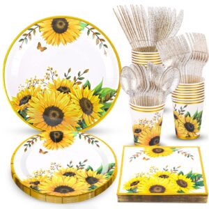 sunflower party supplies, sunflower plates and napkins set, disposable sunflower plates, party cups, napkins and cutlery for sunflower birthday, baby shower, bridal shower, sunflower parties serves 24