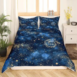 Castle Fairy Blue Galaxy Duvet Cover King Size, Golden Stars Spiral Planets Print Nebula Universe Theme Comforter Cover for Girls Teens Gift, Outer Space Mysterious Style Duvet Set with 2 Pillowcases