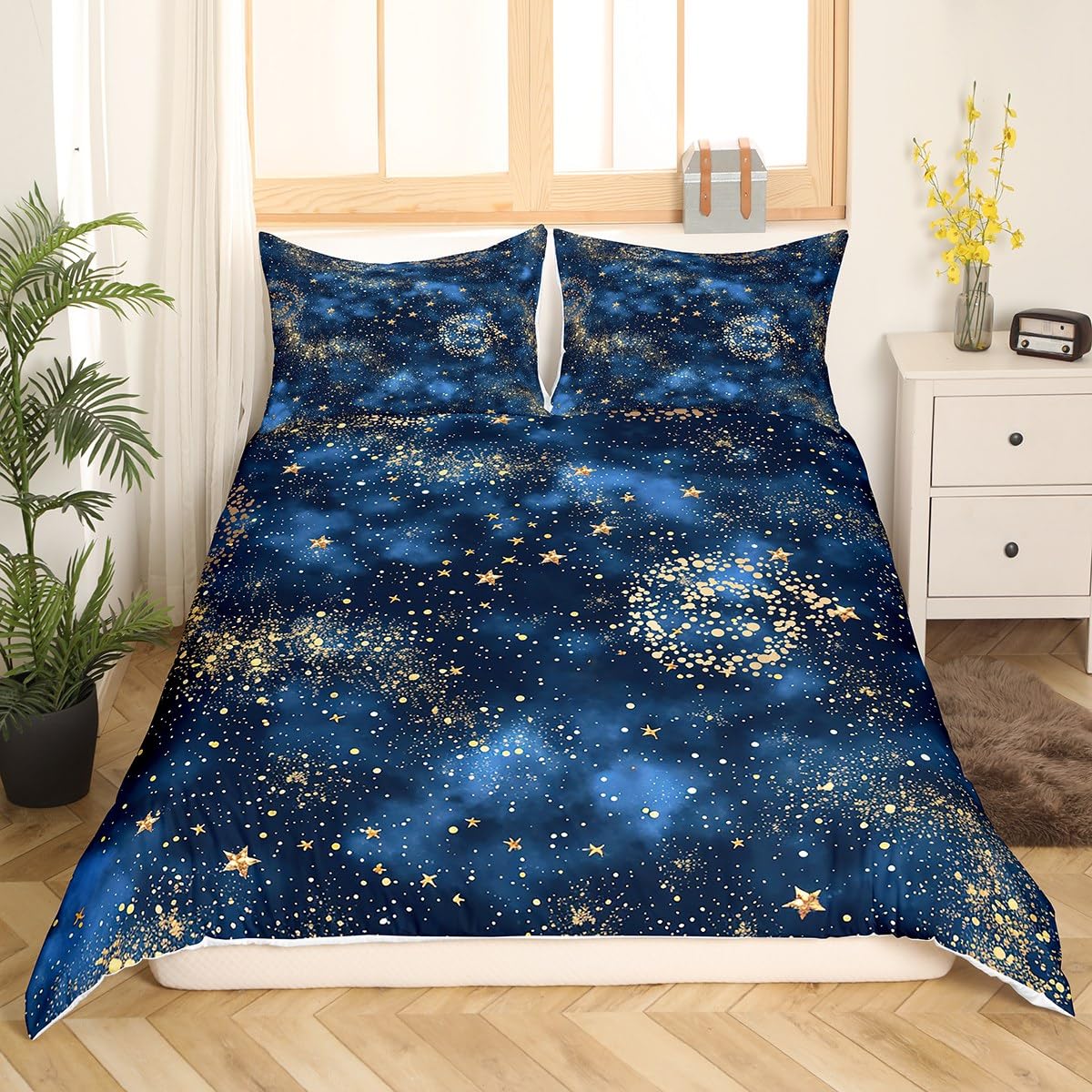 Castle Fairy Blue Galaxy Duvet Cover King Size, Golden Stars Spiral Planets Print Nebula Universe Theme Comforter Cover for Girls Teens Gift, Outer Space Mysterious Style Duvet Set with 2 Pillowcases