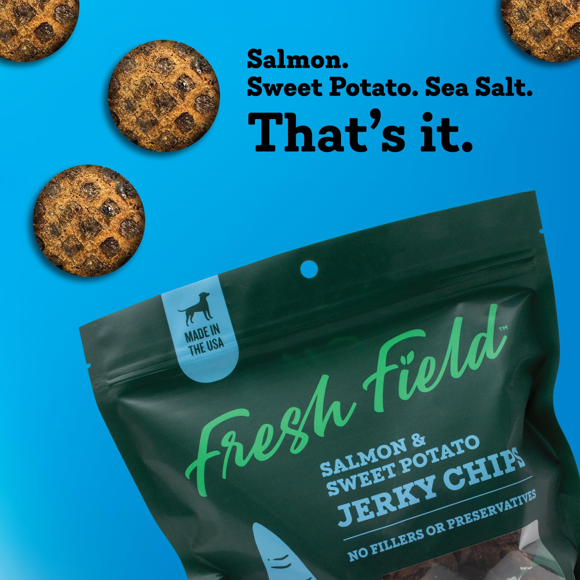 Fresh Field Salmon & Sweet Potato Jerky Chips, 5 oz – All-Natural Dog Treats, USA Made, No Fillers, Omega-3 Rich