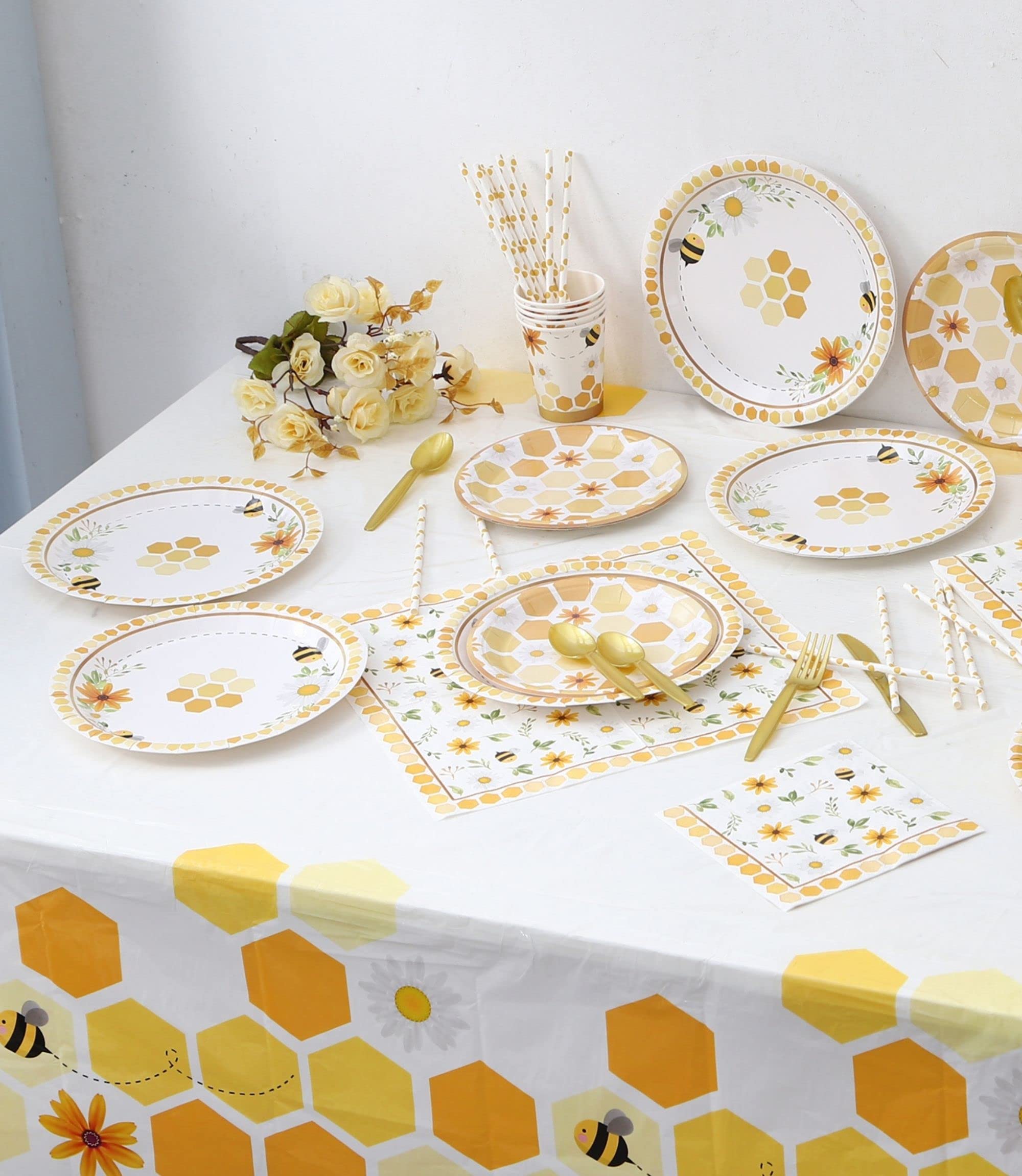 Winoo Design Bee Party Decorations - Disposable Tablecloth 54 x 108 Inches for Bee Baby Shower Birthday Party Supplies