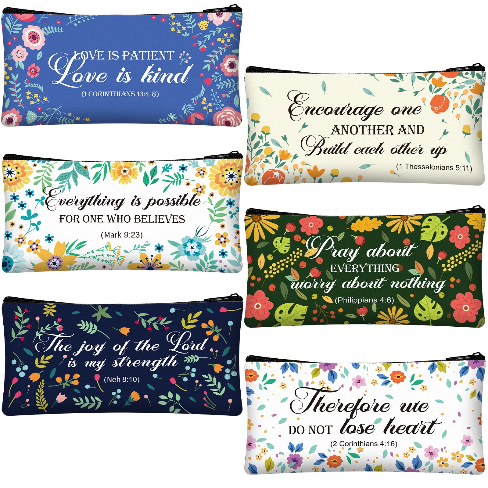 Zonon Bible Verse Pencil Pouch Faith Journals for Women, Rustic Floral Patterned Inspirational Quote Bible Pencil Case Bible Study Supplies Makeup Bags for Women, 6 Pieces (Novel Style,7.7 x 4 Inch)