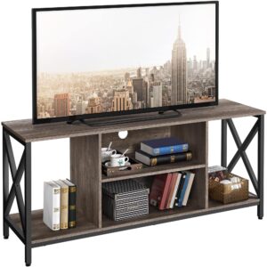 yaheetech tv stand for 65 inch tv, 55'' wide entertainment center tv console with open storage shelves for living room, tv table for home with metal support, taupe wood