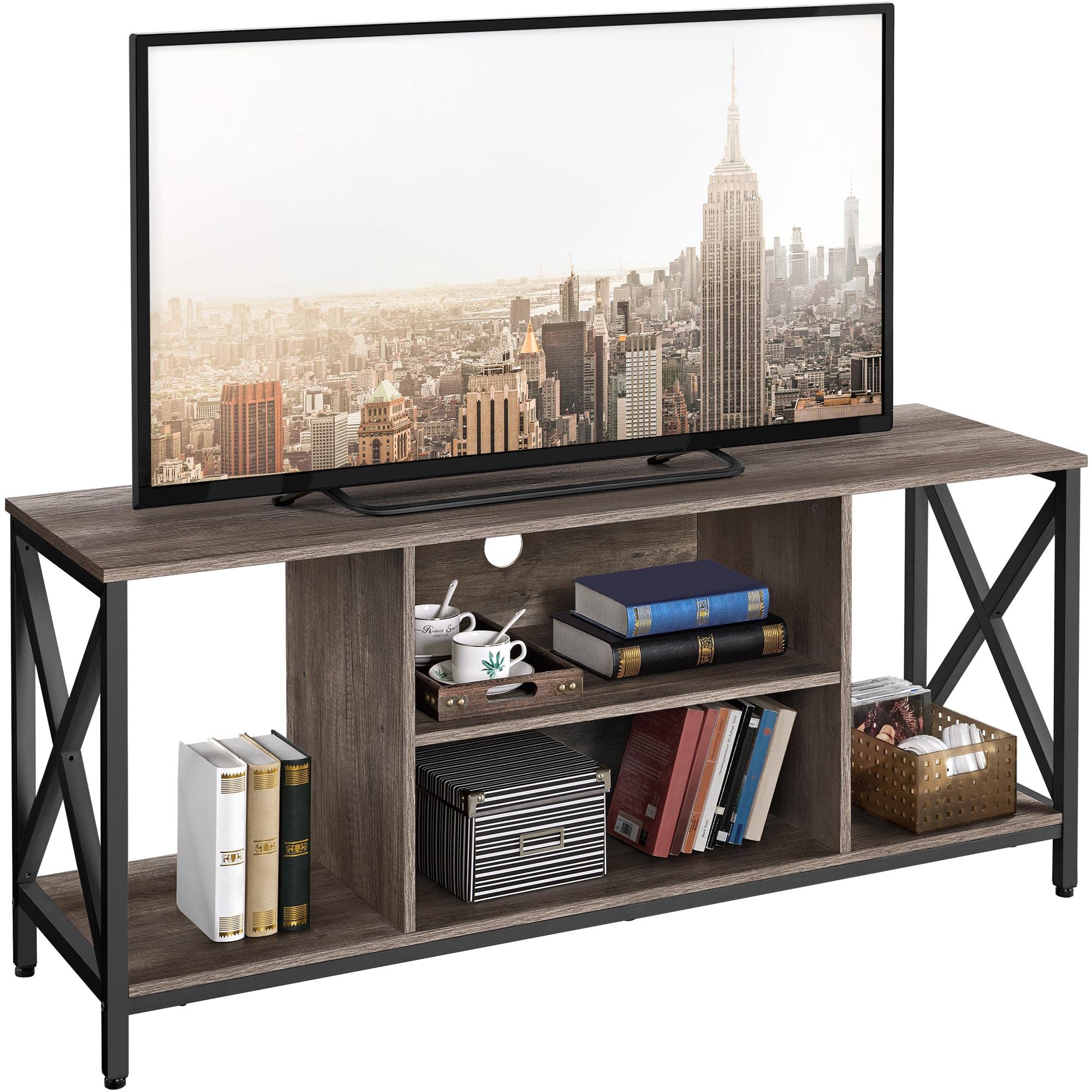 Yaheetech TV Stand for 65 Inch TV, 55'' Wide Entertainment Center TV Console with Open Storage Shelves for Living Room, TV Table for Home with Metal Support, Taupe Wood