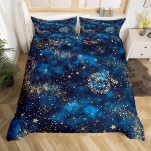 castle fairy blue galaxy duvet cover king size, golden stars spiral planets print nebula universe theme comforter cover for girls teens gift, outer space mysterious style duvet set with 2 pillowcases